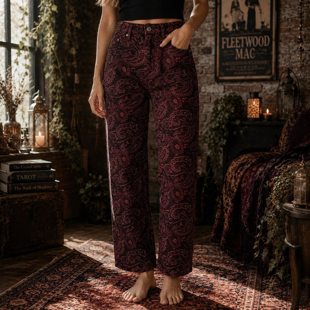Vintage‎ Bill Blass Velour Maroon Paisley High Waist Pants Eclectic Artsy 14